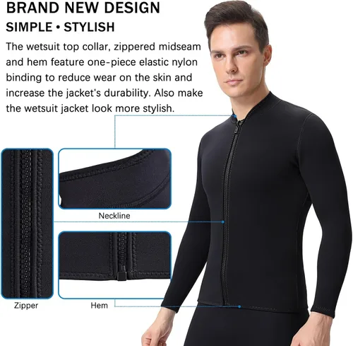 Vista 7 de Wetsuits Top Jacket Women Men 2mm Neoprene Long Sleeve Shirt Front Zipper Vest Wet Suit Keep Warm for Adult Youth Diving Surfing Swimming Water