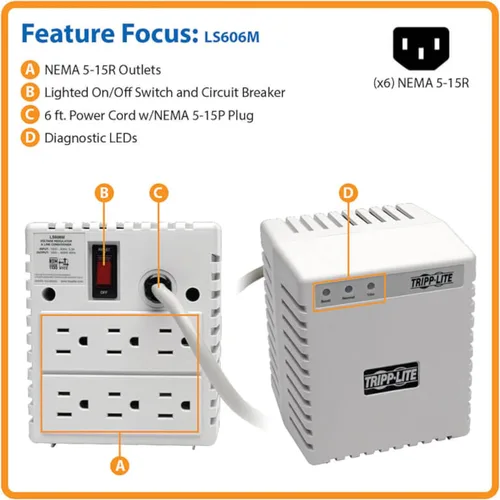 Vista 2 de Tripp Lite LS606M Acondicionador de energía para equipos de audio, electrodomésticos, cine en casa y más 600W, 120V, 6 tomacorrientes, regulador