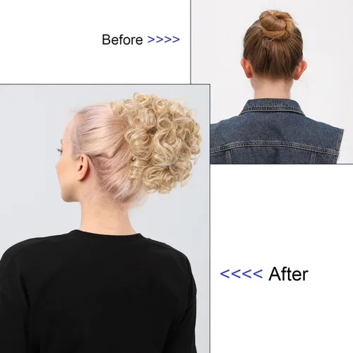 Vista 5 de Moño de cabello rizado desordenado, pieza de cabello sintético resistente al calor, extensiones de moño de cabello despeinado con cordón Updos Negro