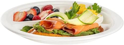 Vista 8 de Restaurantware Platos redondos sin PFAS añadidos de 10.3 x 1 pulgada, 100 platos desechables, sostenibles, 3 compartimentos, platos de bagazo