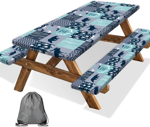Vista 57 de Funda para Mesa de Picnic con Fundas para Bancos y Bolsa, Campista de Madera Impermeable Resistente al Viento, Cubierta de Mantel Ajustada con Borde