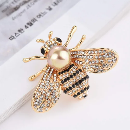 Vista 2 de HSQYJ - Broche de abeja con diseño de cristal, broche de animal de moda, perla, color dorado.