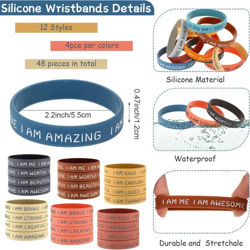 Vista 2 de Sratte 48 pulseras de silicona inspiradoras para niños, de goma motivacional, elásticas, unisex, pulseras de afirmación para estudiantes, regalo