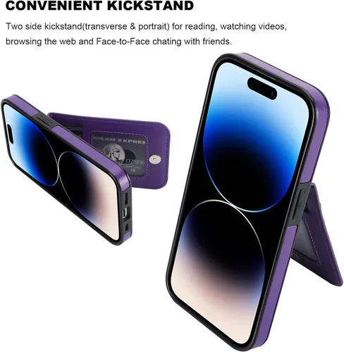 Vista 5 de KIHUWEY Funda Cartera compatible con iPhone 14 Pro con soporte para tarjeta de crédito, tapa de cuero premium con cierre magnético, función atril