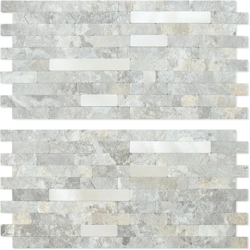 Vista 18 de AULIGET 20 hojas de pizarra beige y marrón para despegar y pegar, azulejos de pared de metal mixto de PVC plateado para salpicaduras para cocina