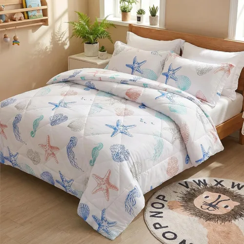 Vista 7 de JSD - Juego de edredón para niños con temática de playa, tamaño individual, diseño de conchas de medusas y estrellas de mar