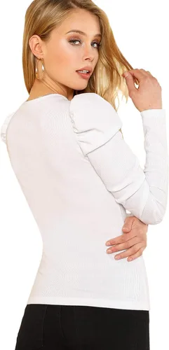 Vista 2 de Floerns - Camiseta informal, de manga puff para mujer, cuello redondo, estilo casual