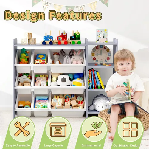 Vista 7 de MallBest Estante organizador de almacenamiento de juguetes para niños de 4 niveles, 100% madera maciza, armario de almacenamiento para niños con 9