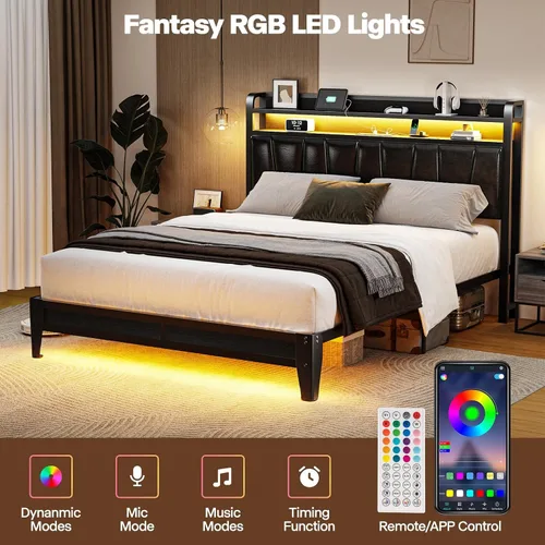 Vista 4 de Base de cama de tamaño matrimonial con estantes de almacenamiento de 2 niveles, marco de cama LED con cabecera de piel sintética, cama de plataforma