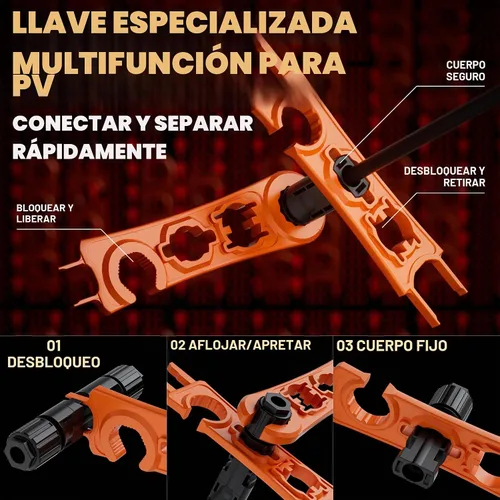 Vista 6 de PEBA Kit de herramientas de prensado, crimpadora solar para cable de panel solar AWG 16-10, con 6 pares de conectores solares IP68 y 1 par de llave
