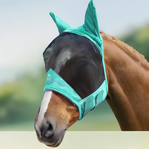 Vista 17 de Harrison Howard Máscara de mosca de caballo luminosa profesional estándar con orejas protección UV para caballo, azul y plateado, pequeño poni
