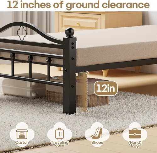 Vista 6 de Marco de Cama Tamaño Individual con Cabecera Vintage, Marco de Cama Plataforma Individual de Servicio Pesado de 1500 Libras con Diseño Libre