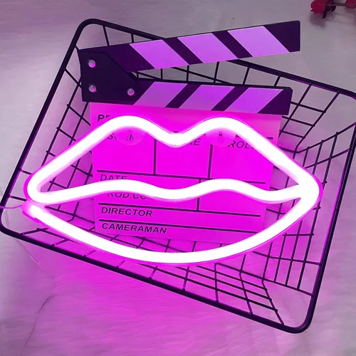 Vista 6 de ENUOLI Letreros de neón con forma de labios, luz nocturna rosa, luz de pared LED, luces de neón decorativas románticas para dormitorio, bar