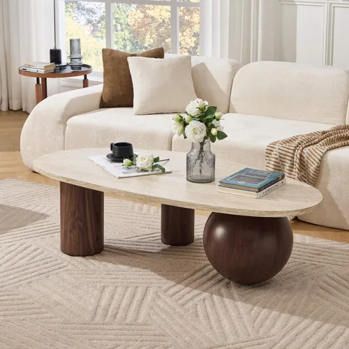 Vista 3 de Mesa auxiliar ovalada moderna de 55 pulgadas, patas de diseño de nogal y mesa curva con acabado de mármol sintético, mesa central de sofá de madera