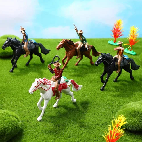 Vista 4 de Cowboy Toys Riding Horse Figurines: 4 piezas de figura de acción de vaquero Western Rodeo Toys - Figuras de caballos de plástico con jinete