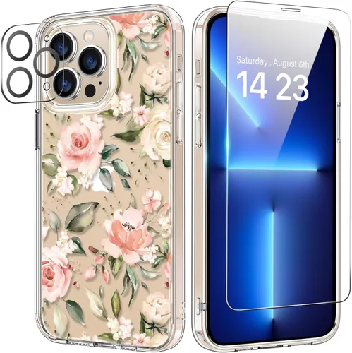Vista 68 de bicol Funda para iPhone 14 Plus con Protector de Pantalla y Lente de Cámara - Diseños Florales de Moda para Mujeres y Niñas - Funda Transparente
