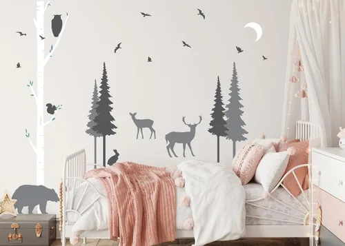 Vista 4 de PapaKit Calcomanía de pared de pino y abedul del bosque (paquete esencial) para bebés, niñas, niños, guardería, niños, adolescentes, decoración