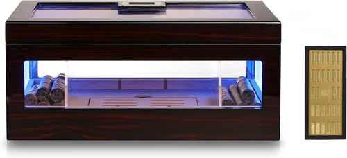 Vista 8 de Woodronic Humidor de puros para 80 unidades con higrómetro digital, bandeja y divisores forrados de cedro español, humidificador de gel de cristal