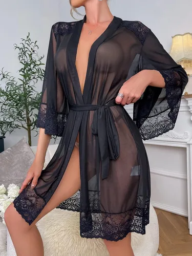 Vista 4 de WDIRARA Bata tipo kimono con cinturón y manga 34 con encaje floral para mujer