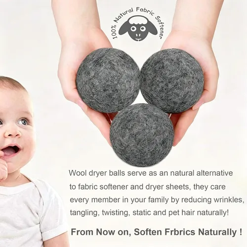 Vista 3 de Budieggs Bolas secadoras de lana gris oscuro XL, paquete de 6, suavizante de tela 100% orgánico de Nueva Zelanda para más de 1000 cargas, seguras
