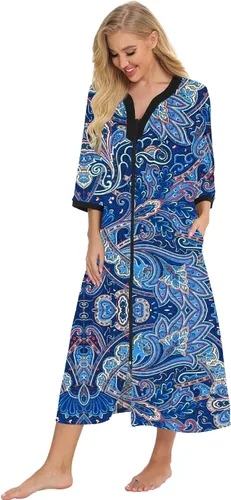 Vista 3 de Bloggerlove House Dresses for Womens Robe Long Zip Up House Coat Half Sleeve Night Gowns Comfy Sleepwear Print Loungewear
