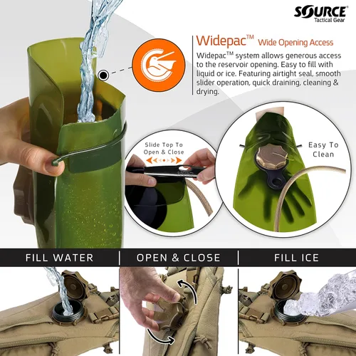 Vista 5 de Source Paquete de hidratación táctica – Vejiga de agua WXP Widepac de 3L con puerto de llenado externo – Válvula de bebida de alto flujo – Doble