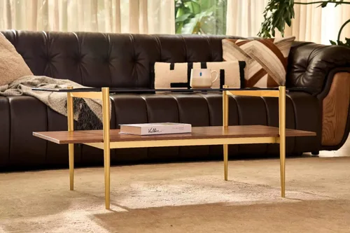 Vista 5 de Shrine - Mesa de café rectangular, diseño moderno de mediados de siglo, estructura de 2 niveles, parte superior de vidrio ámbar y estante de MDF
