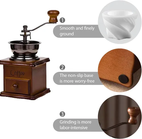 Vista 4 de Molinillo de café manual vintage, ajuste de engranaje ajustable con rebabas cónicas de cerámica, molinillo de café de mano antiguo para uso