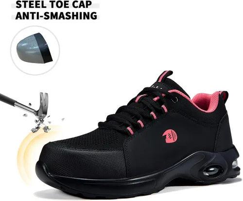 Vista 2 de Delobi Zapatos de punta de acero para mujer, zapatos de trabajo de seguridad, antideslizantes, cómodos, ligeros, con amortiguación de aire, zapatos