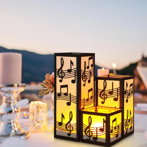 Vista 6 de Rossesay 12 juegos de centros de mesa musicales para mesa, 3 tamaños, notas musicales, cajas de linternas de papel, ideas de mesa para decoración