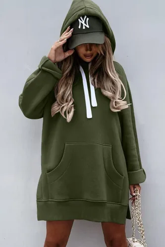 Vista 2 de PRETTYGARDEN Vestido de manga larga con capucha y dobladillo dividido para mujer con bolsillo canguro