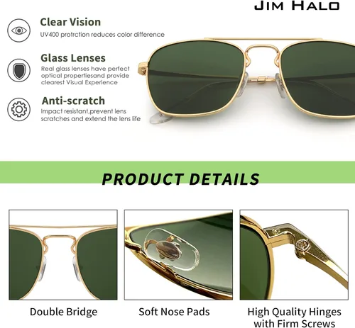 Vista 4 de JIM HALO Gafas de sol de aviador cuadradas retro con lente de vidrio de alta calidad, gafas planas de metal para hombres y mujeres