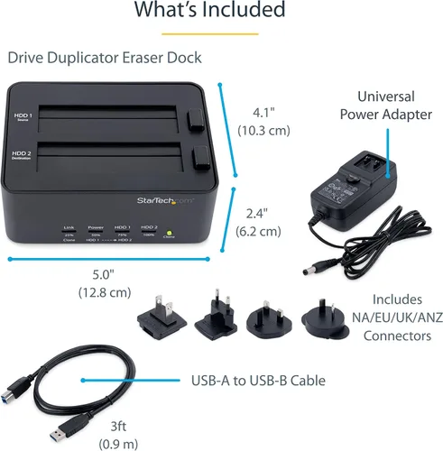 Vista 7 de StarTech.com Duplicadora y borrador de disco duro de doble bahía, clonador/copiadora externa independiente HDD/SSD, estación de acoplamiento USB 3.0