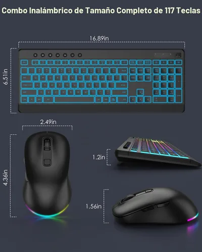 Vista 7 de EDJO Combo de teclado y mouse inalámbricos, 10 efectos retroiluminados, teclado USB recargable de tamaño completo silencioso de 2.4 GHz con 6 negro