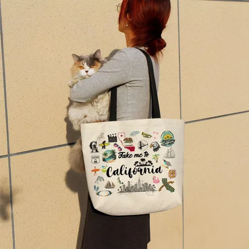 Vista 2 de Take Me To California - Bolsa reutilizable para comestibles, bolsa de compras estética con bolsillo interior, ligera y lavable, elegante, regalo