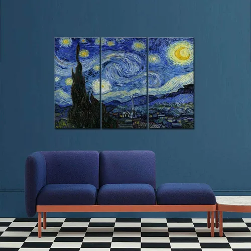 Vista 3 de iKNOW FOTO Lienzo grande de 3 paneles, arte de pared, noche estrellada por Van Gogh, famosas pinturas al óleo, reproducción moderna de lienzo
