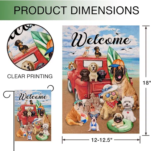 Vista 2 de Hzppyz Bandera de bienvenida de verano con texto en inglés "Dogs Red Truck" para jardín, playa y jardín, de doble cara, para recolección náutica