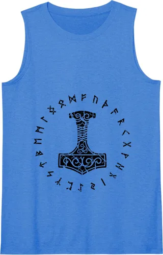 Vista 7 de Camiseta sin mangas vikingo nórdico Thors Hammer Mjolnir Elder Futhark Runes, Azul Blanco