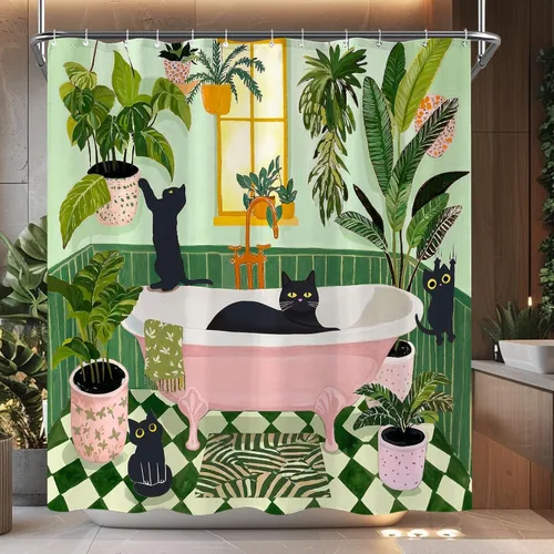 Vista 12 de Divertida cortina de ducha con diseño de gatos negros, estilo bohemio, bonita, divertida, para baño, gatito, verde, hojas tropicales, beige, marrón