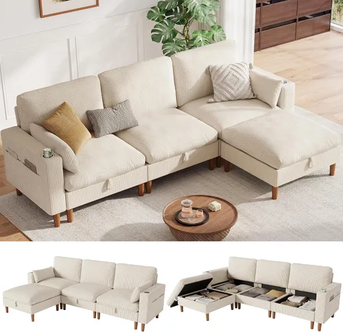 Vista 19 de LINSY HOME Sofá modular modular de 110 pulgadas con almacenamiento, sofá nube de 3 asientos con 1 otomana móvil y 2 almohadas, sofás seccionales