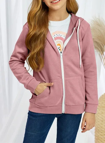 Vista 7 de Sidefeel Sudadera con capucha de manga larga con cremallera para niñas, abrigo casual con bolsillos 4Y-13Y