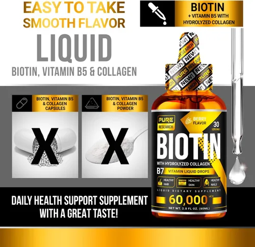 Vista 2 de Gotas líquidas de biotina y colágeno para el crecimiento del cabello, 60,000mcg - Suplemento de biotina y colágeno líquido para hombres y mujeres