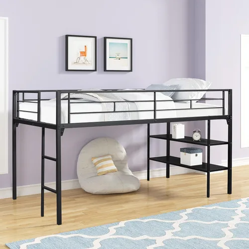 Vista 3 de Cama baja de metal individual con estantes de almacenamiento y escalera, litera flotante para niños, ahorro de espacio, no necesita somier, fácil