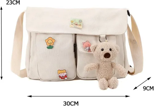 Vista 7 de Bolso cruzado de lona con pines Kawaii y colgante, multifunción, casual, lindo hombro mensajero bolsa de viaje para niñas adolescentes