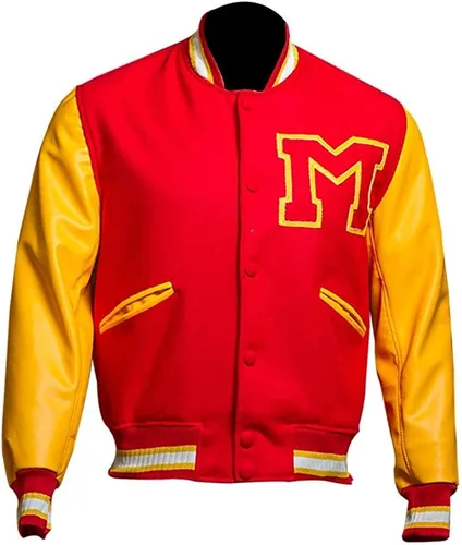 Vista 2 de Thriller MJ Jacket - Chaqueta de lana roja de cuero amarillo Varsity Letterman Bomber