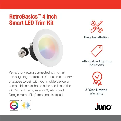 Vista 2 de Juno RB4SC RGBW MW M6 RetroBasics Retrofit Smart Downlight, conmutable, RGBW, 4 pulgadas, blanco mate