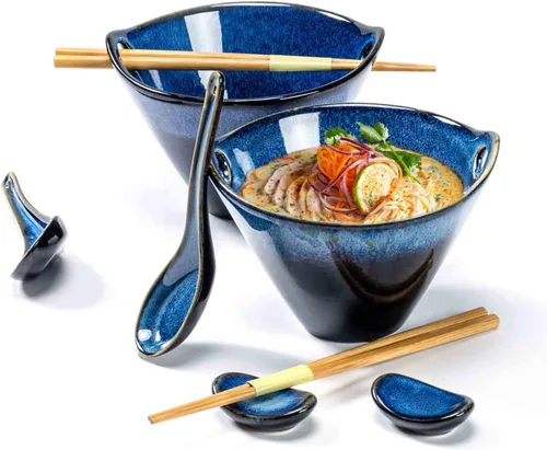 Vista 10 de Henten Home Juego de 2 cuencos de ramen de 20 onzas, cuencos de cerámica japoneses para fideos, cuencos profundos de porcelana con palillos