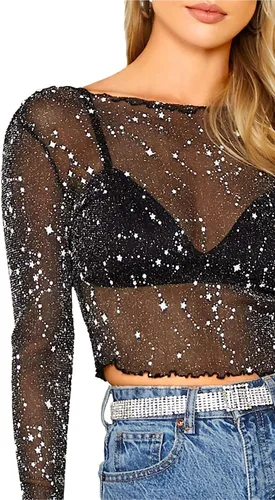 Vista 3 de Floerns Camiseta corta de manga larga con cuello alto falso transparente para mujer