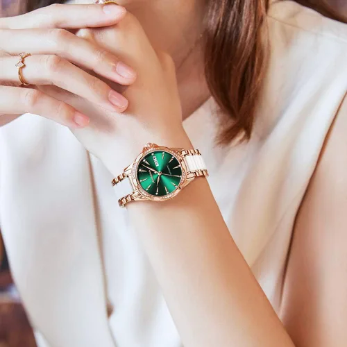 Vista 3 de OLEVS Reloj automático de cara grande para mujer, reloj de vestir automático acentuado con diamantes para mujer, cristal de zafiro resistente al
