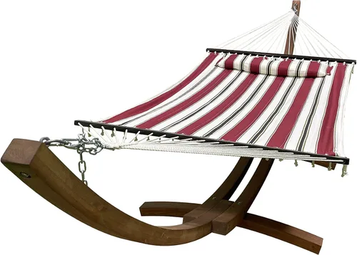 Vista 9 de Soporte para hamaca de arco de madera tratada al agua de 14 pies + cama hamaca premium acolchada, doblemente acolchada. Cama para 2 personas. Beige